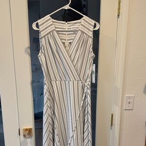 Calvin Klein Gray and White Striped Midi Wrap Dress